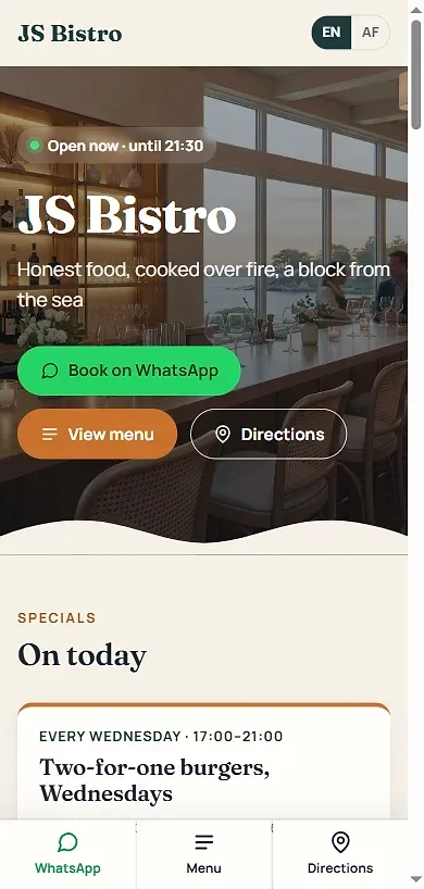 A MyResto restaurant website on a phone